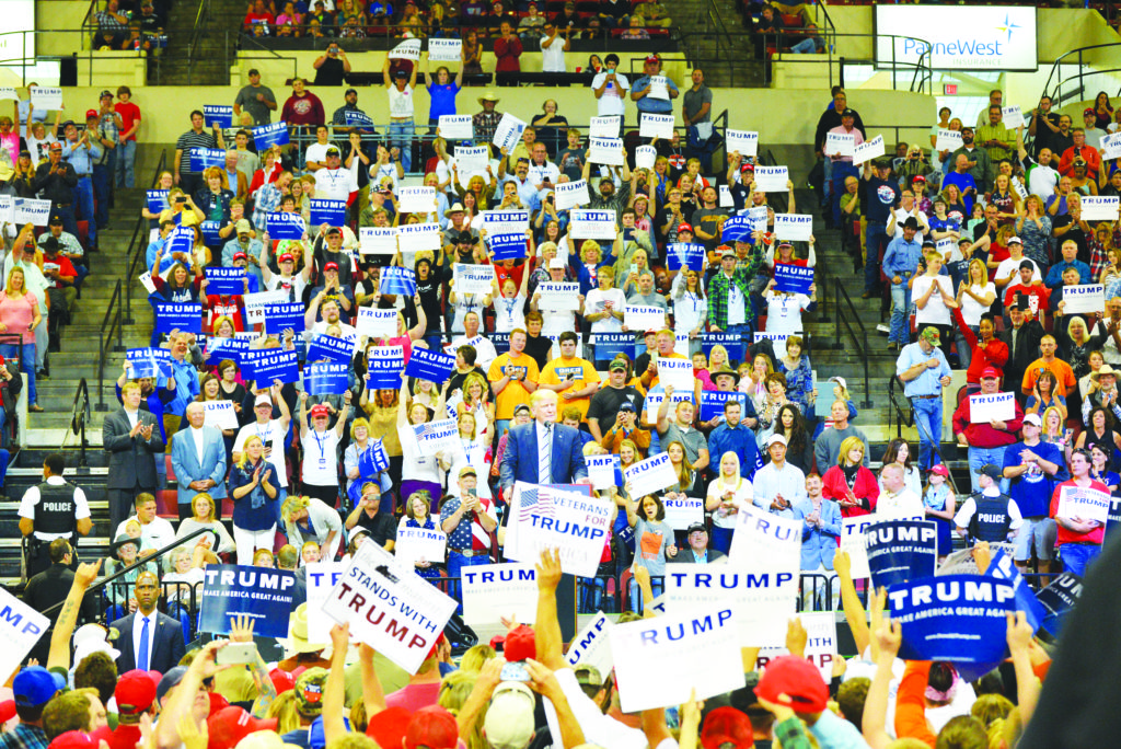 Donald Trump speaks at a rally at MetraPark on May 25, 2016. The Republican nominee went on to win the general Presidential Election and the White House in Tuesday night’s historic and upset general election. (Jonathan McNiven photo) Click to enlarge image.